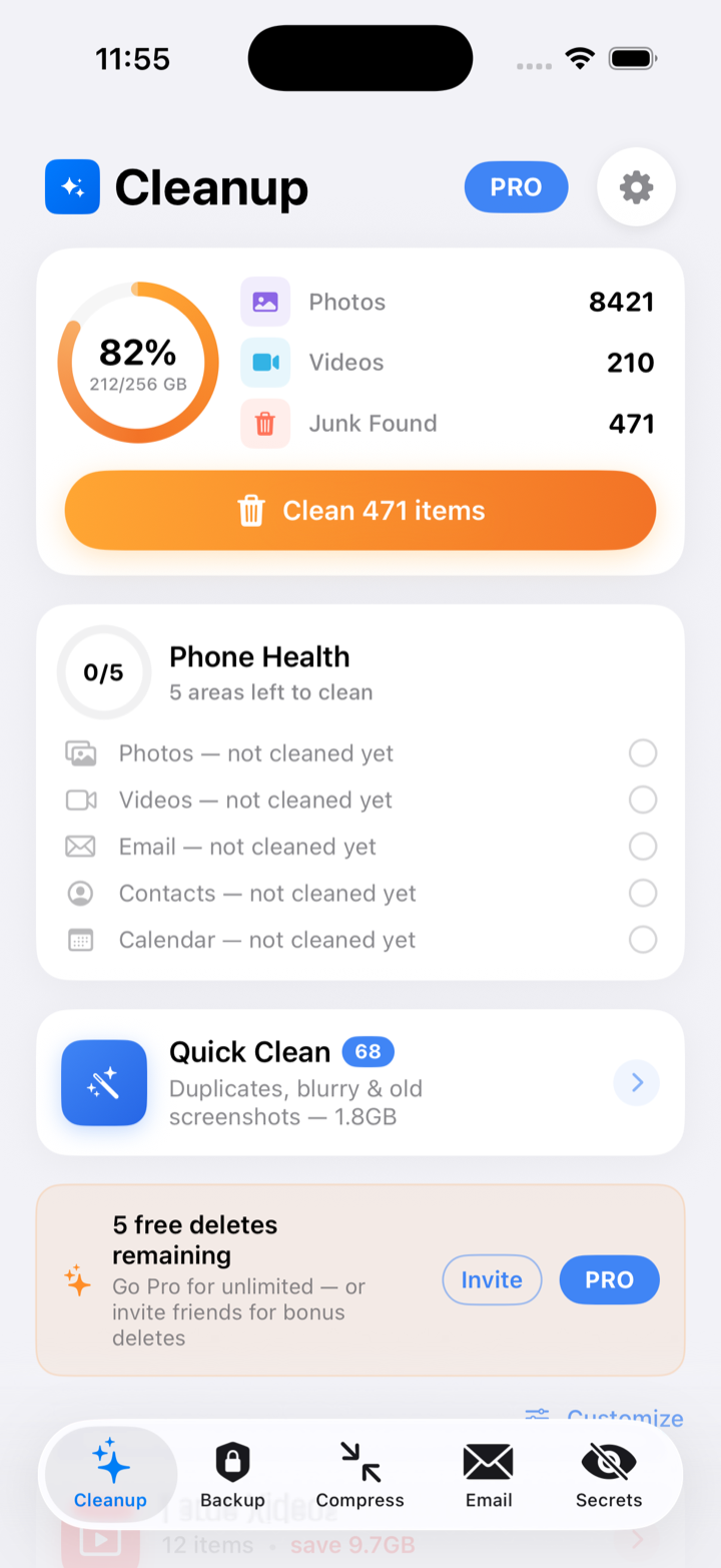 Phone Diet home tab on iPhone — storage ring at 82%, junk found, Phone Health checklist, and one-tap Clean button